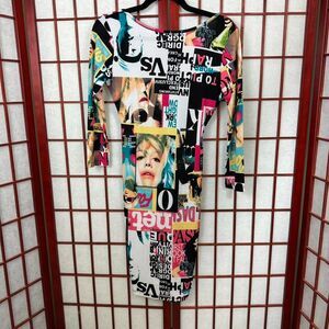 Y2K Symphony Mixed Media Newspaper Pattern Bodycon Avant Garde Midi Dress